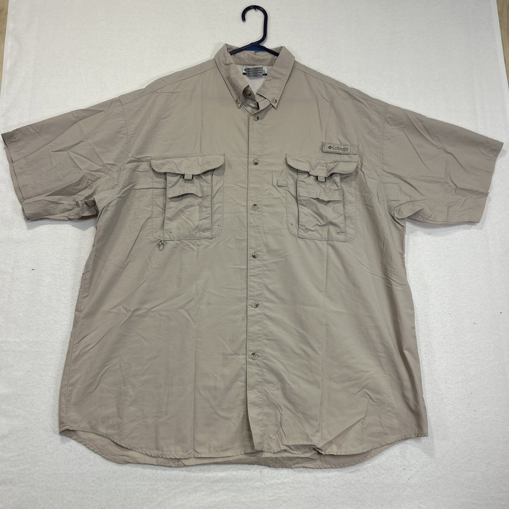 Columbia PFG Bahama II Mens XL Beige Fishing Shirt Vented Short Sleeve UPF 30+